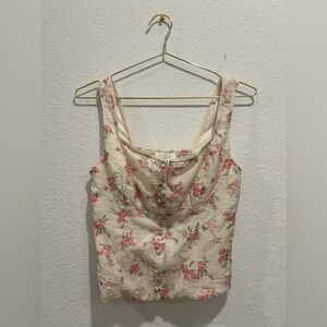 Kirious Los Angeles Floral beige pink Smocked lace trim corset tank top